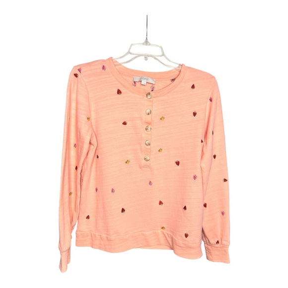 LOFT Tops - LOFT Women’s Embroidered Strawberry Henley Long Sleeves Lightweight Sweatshirt